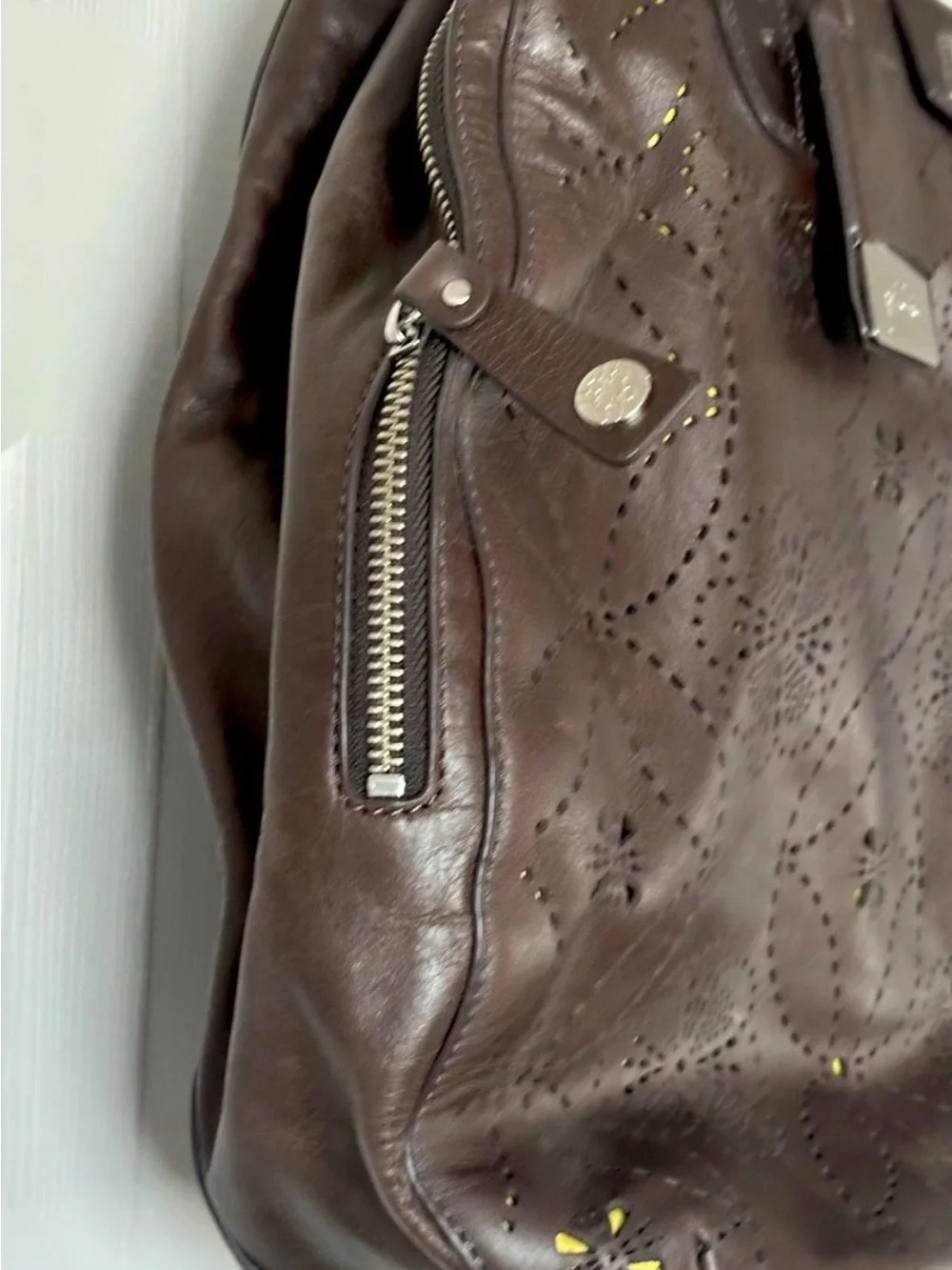 Petunia Pickle Bottom Brown Pierced Leather Floral Lime Lining Diaper Bag Tote